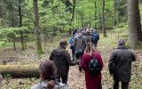 Uczestnicy konferencji na sesji terenowej w lesie idą ścieżka przez las