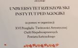 XIV Przegląd Twórczości Artystycznej Osób Niepełnosprawnych Powiatu Łańcuckiego - dyplom