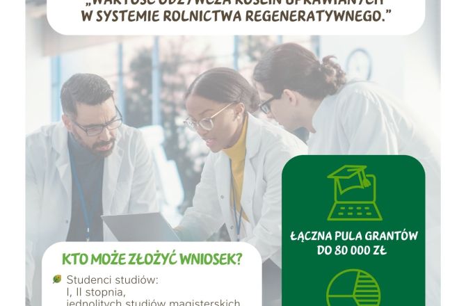 Plakat ukazujący naukowców fartuchach, informacje na temat grantów, łączna pula nagród, i inne informacje