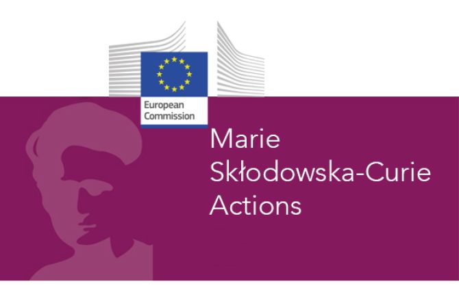 Baner informacyjny z podobizną Marii Skłodowskiej Curie i logotyp Komisji Europejskiej