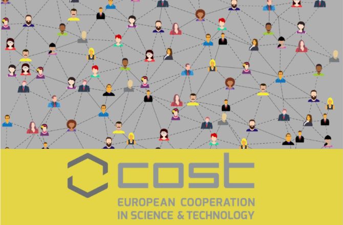 baner promujący program COST grafika ludzie - sieć powiązań, logo COST