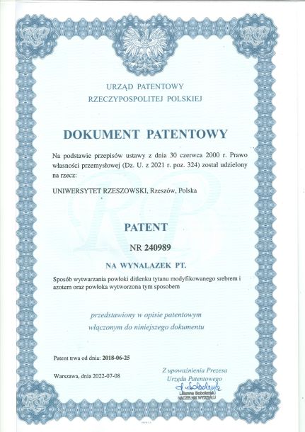 Skan dokumentu o przyznaniu patentu o nazwie Sposób wytwarzania powłoki ditlenku tytanu modyfikowanego srebrem i azotem oraz powłoka wytworzona tym sposobem