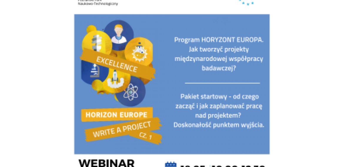 Baner reklamujący Program Horyzont Europa. Jak tworzyć projekty międzynarodowej współpracy badawczej?