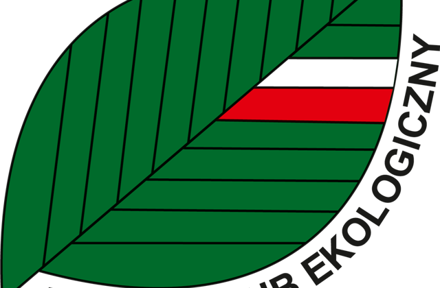 logo polskiego klubu ekologicznego, zielony liść z biało czerwonym paskiem i napisem