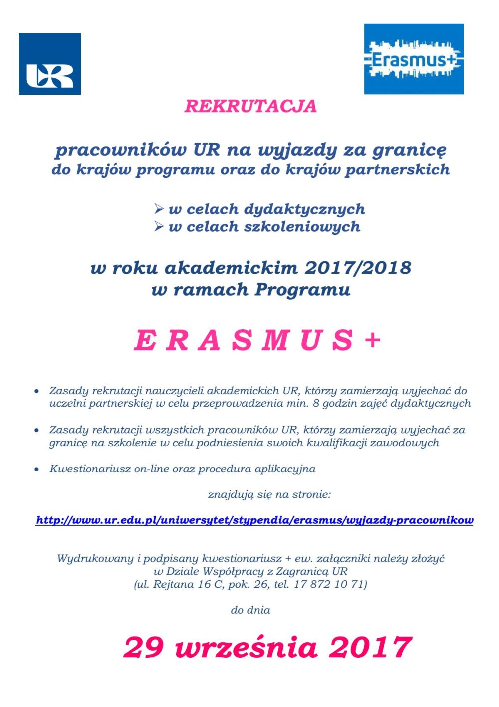 REKRUTACJA pracowników UR na wyjazdy za granicę (program ERASMUS+)