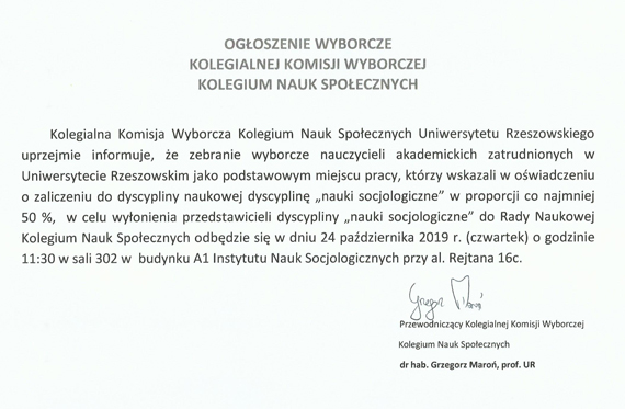 Ogłoszenie wyborcze kolegialnej komisji wyborczej Kolegium Nauk Społecznych