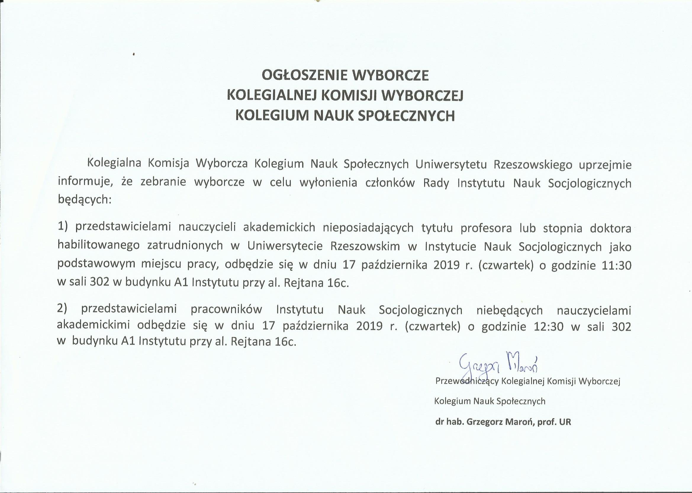 Ogłoszenie wyborcze kolegialnej komisji wyborczej Kolegium Nauk Społecznych