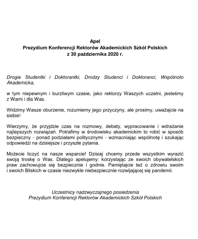 Stanowisko i Apel KRASP z 30 października 2020 r.