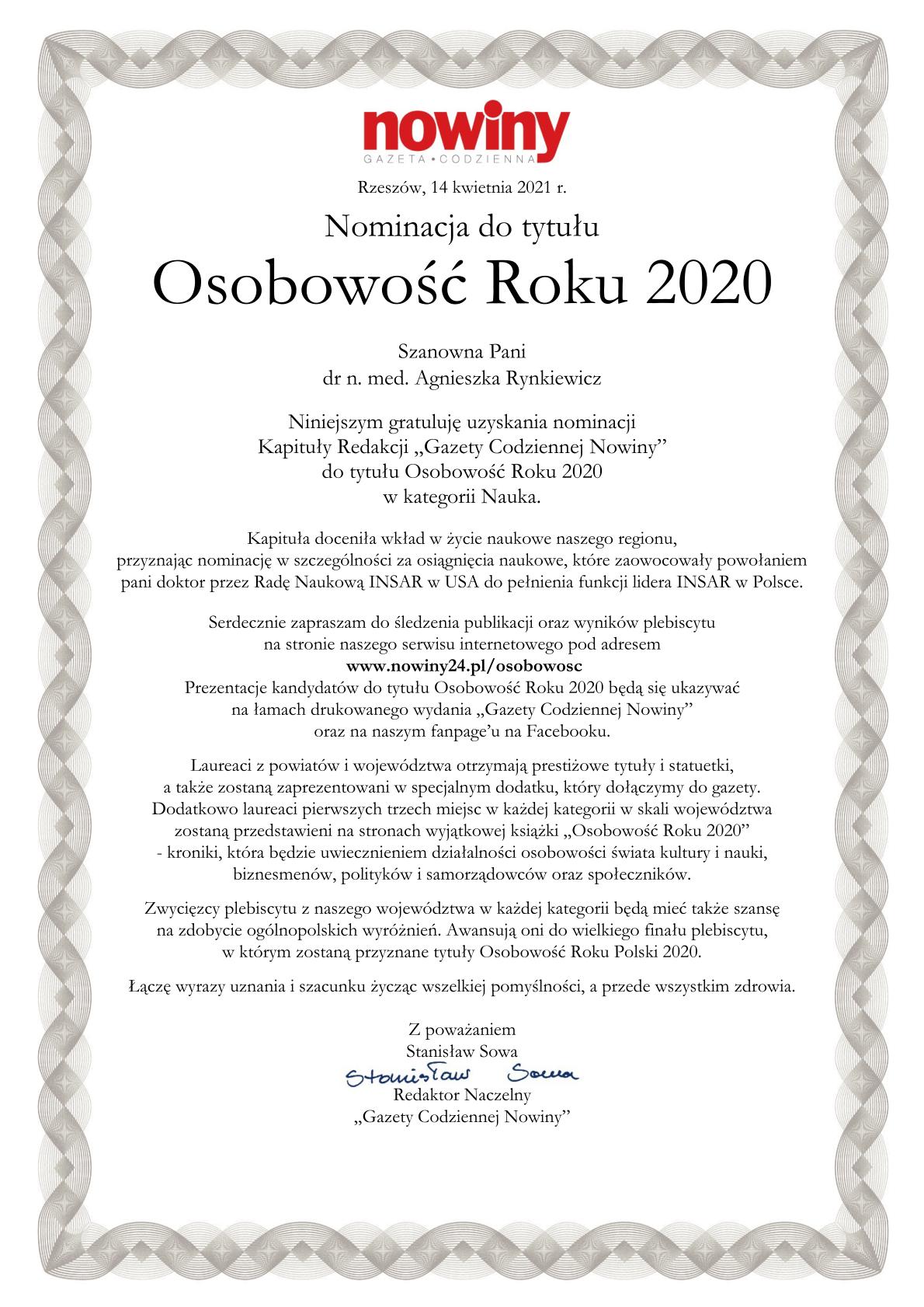 Dr N Med Agnieszka Rynkiewicz Nominowana Do Tytułu Osobowość Roku 2020 Uniwersytet Rzeszowski 