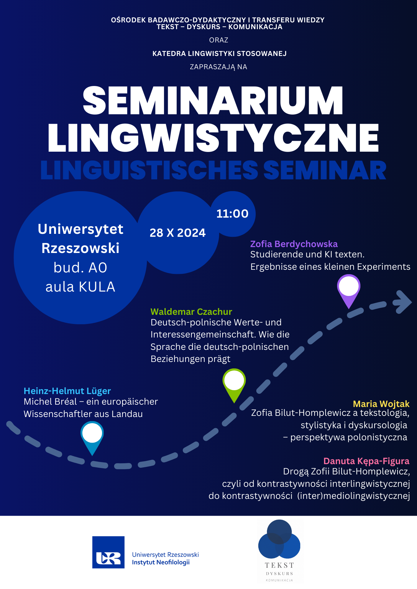 Ośrodek Badawczo-Dydaktyczny i Transferu Wiedzy „Tekst – Dyskurs – Komunikacja” wraz z Katedrą Lingwistyki Stosowanej zapraszają na Seminarium Lingwistyczne, które odbędzie się 28 października 2024 roku o godzinie 11:00 w auli KULA, budynek AO