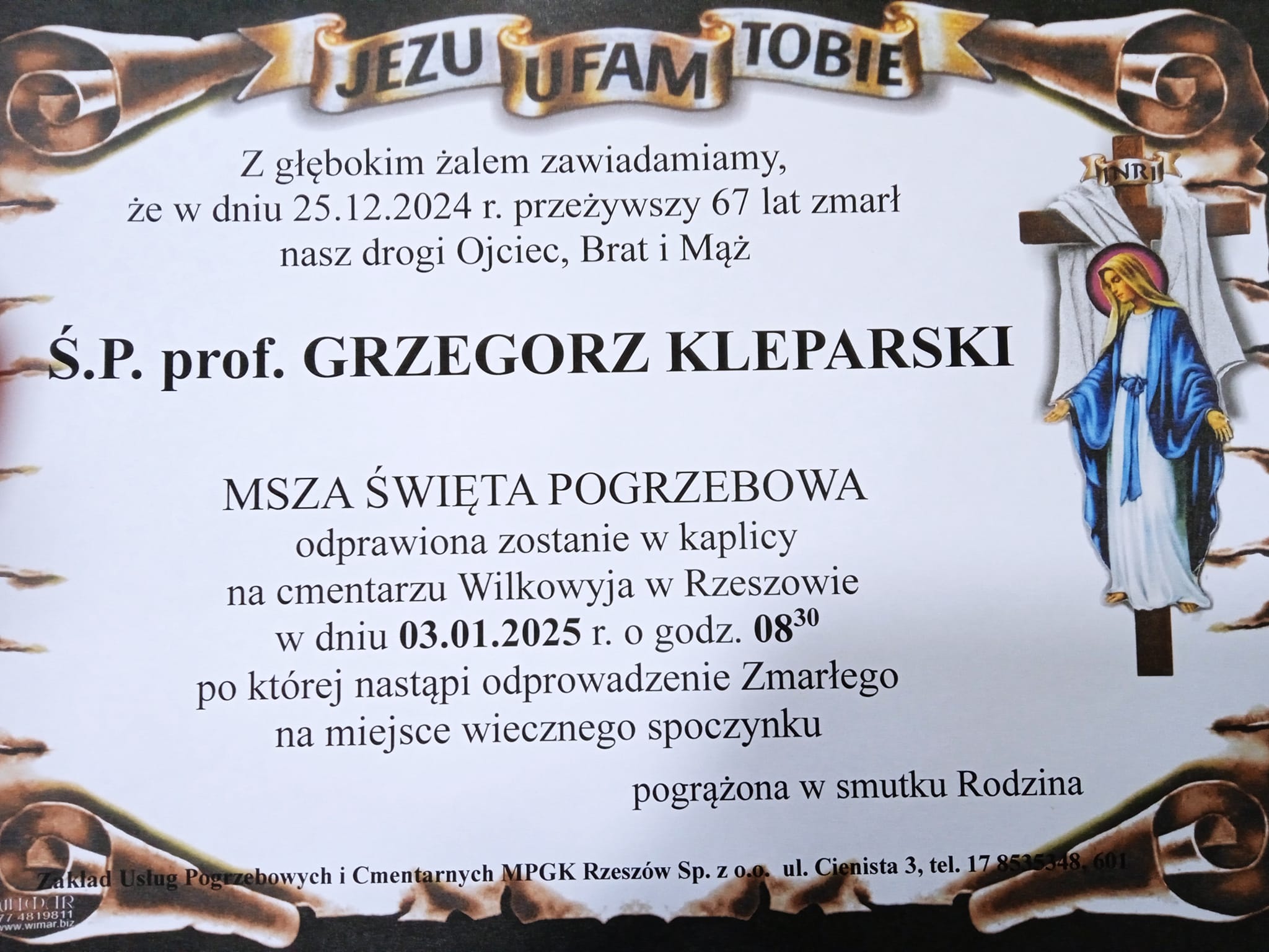 Informacja o mszy świętej pogrzbowej prof. Grzegorza Kleparskiego