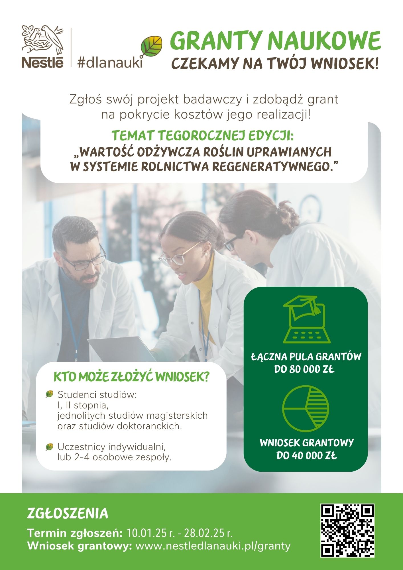 Plakat ukazujący naukowców fartuchach, informacje na temat grantów, łączna pula nagród, i inne informacje