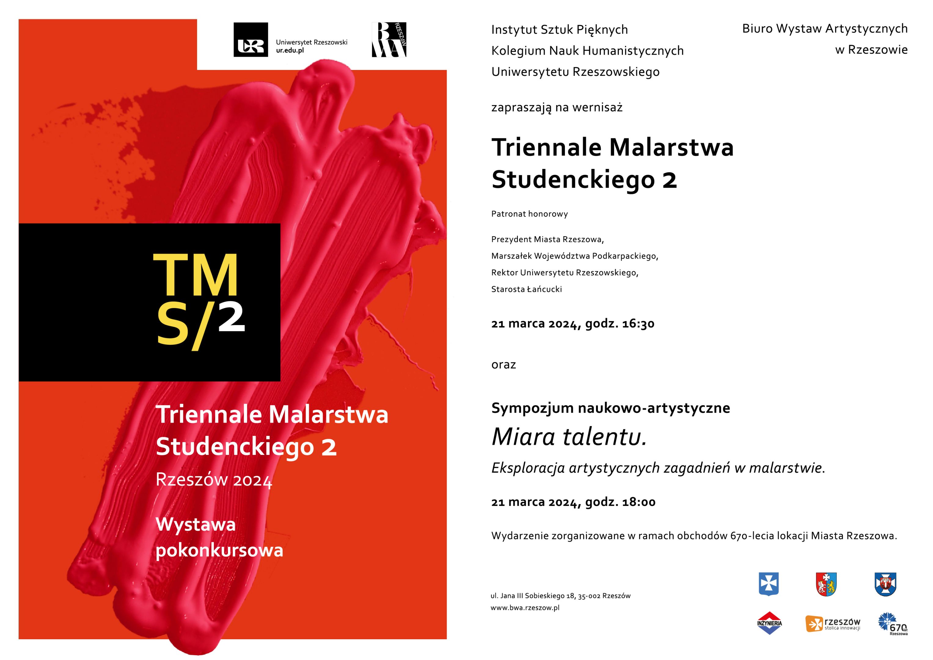 Plakat zaproszenia na wernisaż Triennale Malarstwa Stucenckiego 2 Rzeszów 2024 oraz sympozjum naukowo-artystycze Miara Talentu