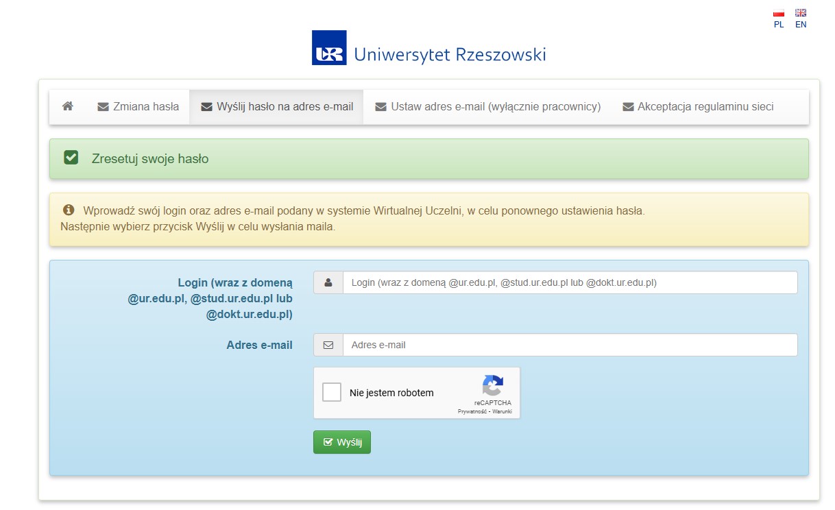 strona konto.ur.edu.pl - zakładka Wyślij hasło na adres e-mail