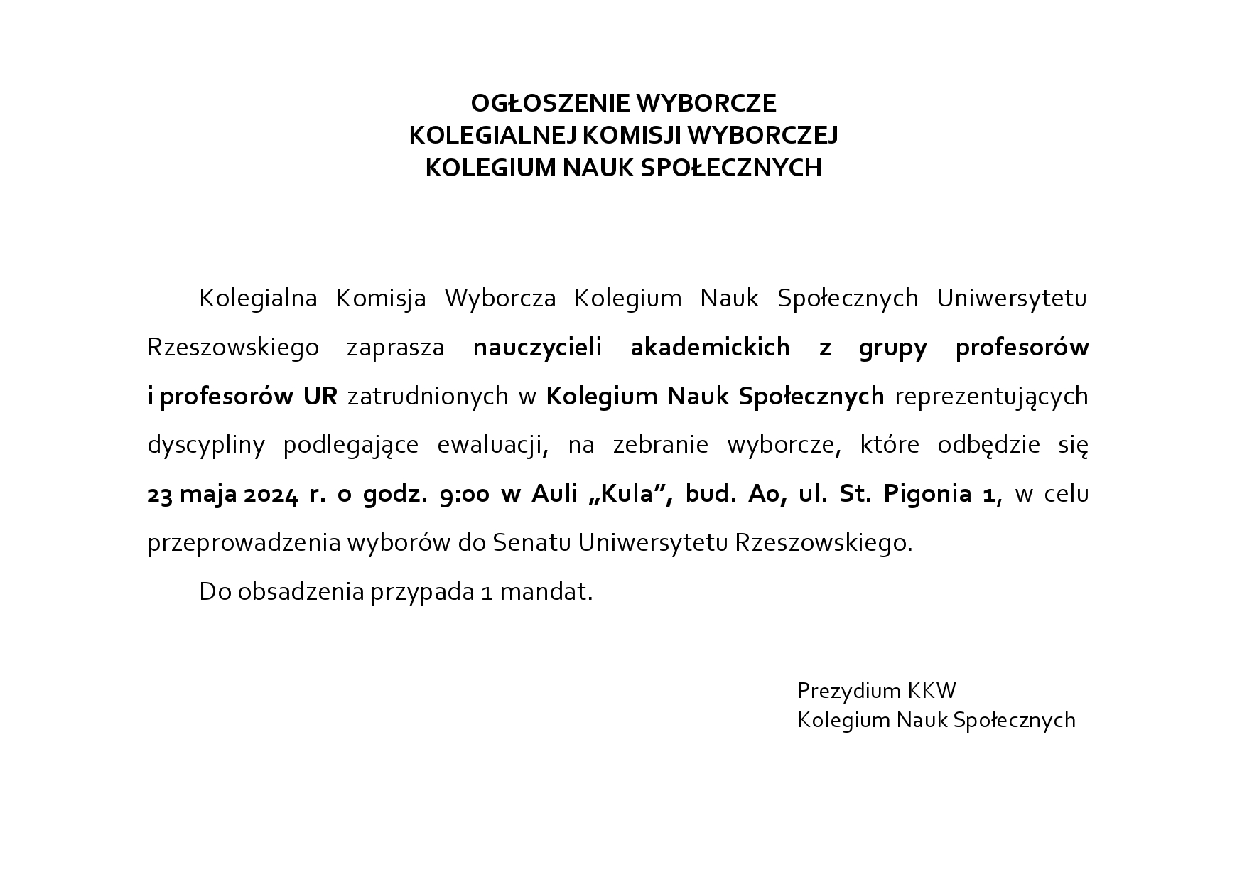 Ogłoszenie wyborcze - profesorowie i profesorowie UR KNS - wybory do Senatu UR