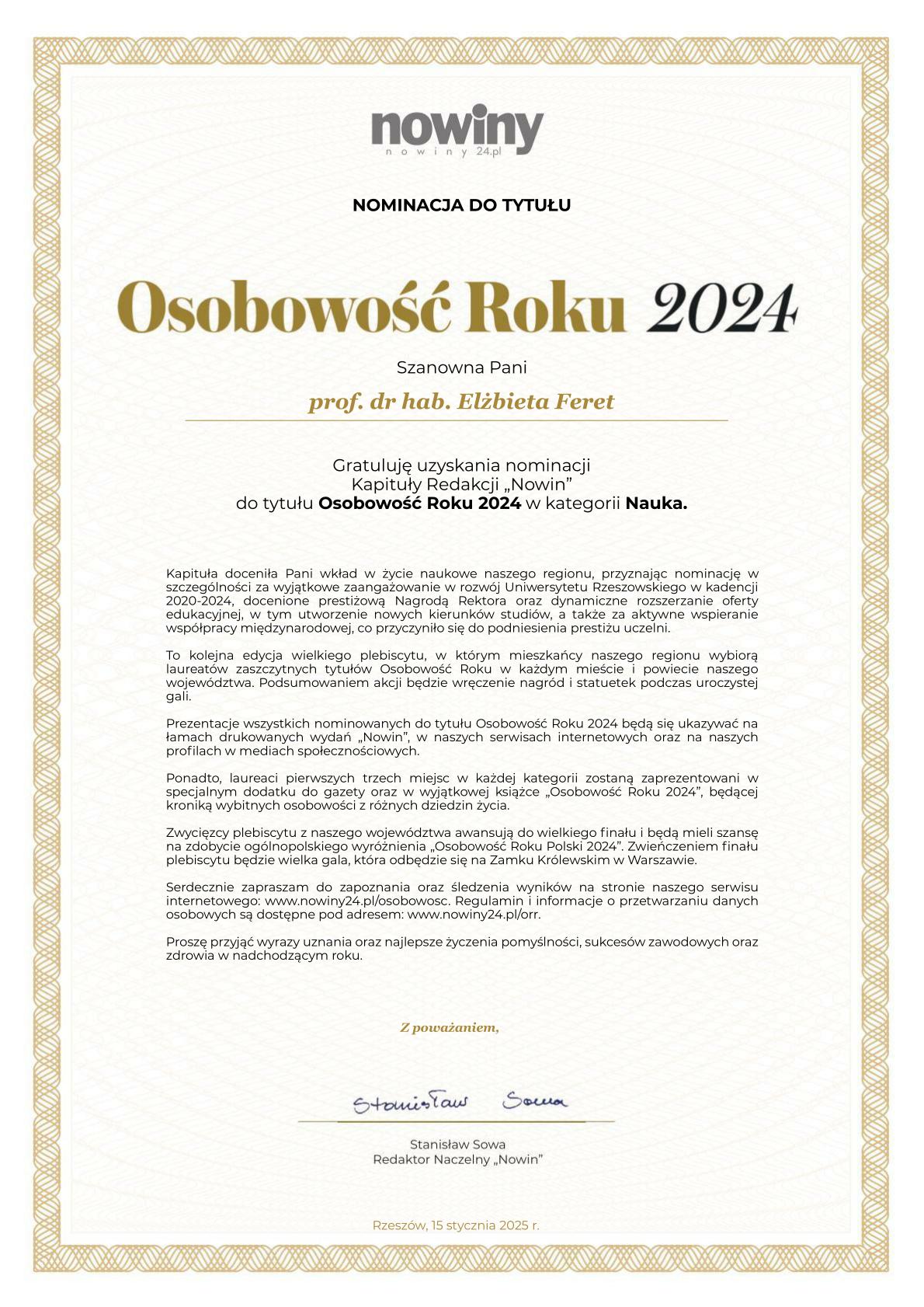 Nominacja Pani prof. dr hab. Elżbiety Feret do tytułu Osobowość Roku 2024 w kategorii Nauka.